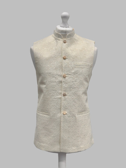 Men's Swirl Design Cream Jamawar Waistcoat Front View