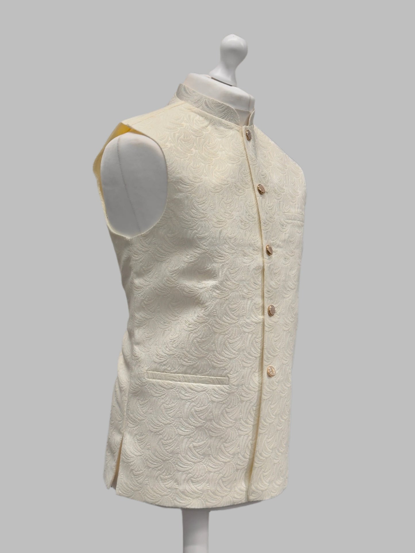 Men's Swirl Design Cream Jamawar Waistcoat Side View