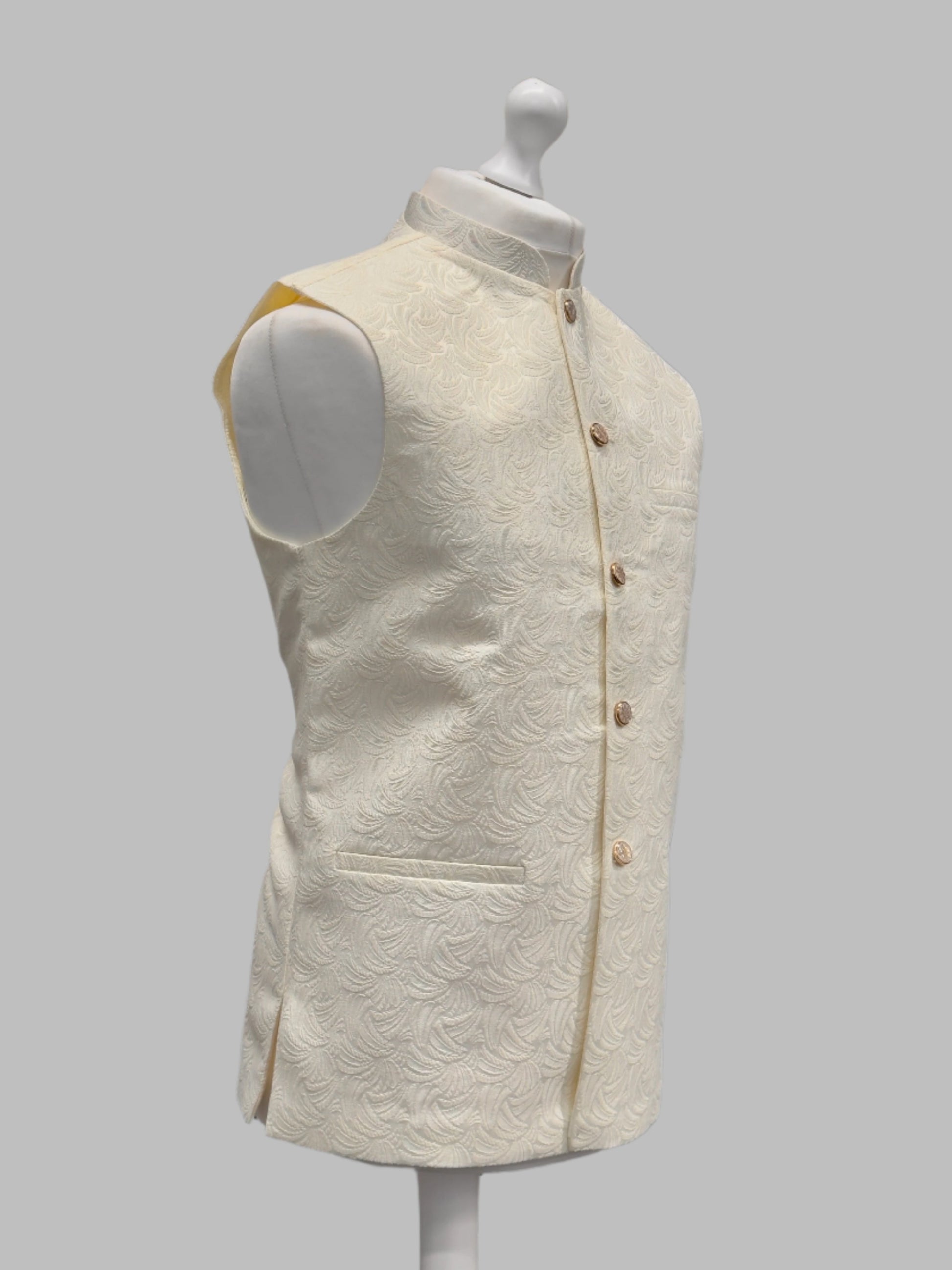 Men's Swirl Design Cream Jamawar Waistcoat Side View