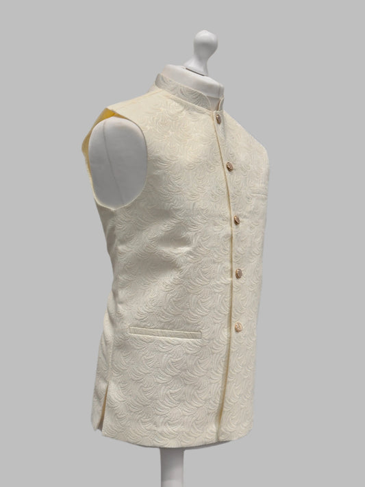 Men's Swirl Design Cream Jamawar Waistcoat Side View