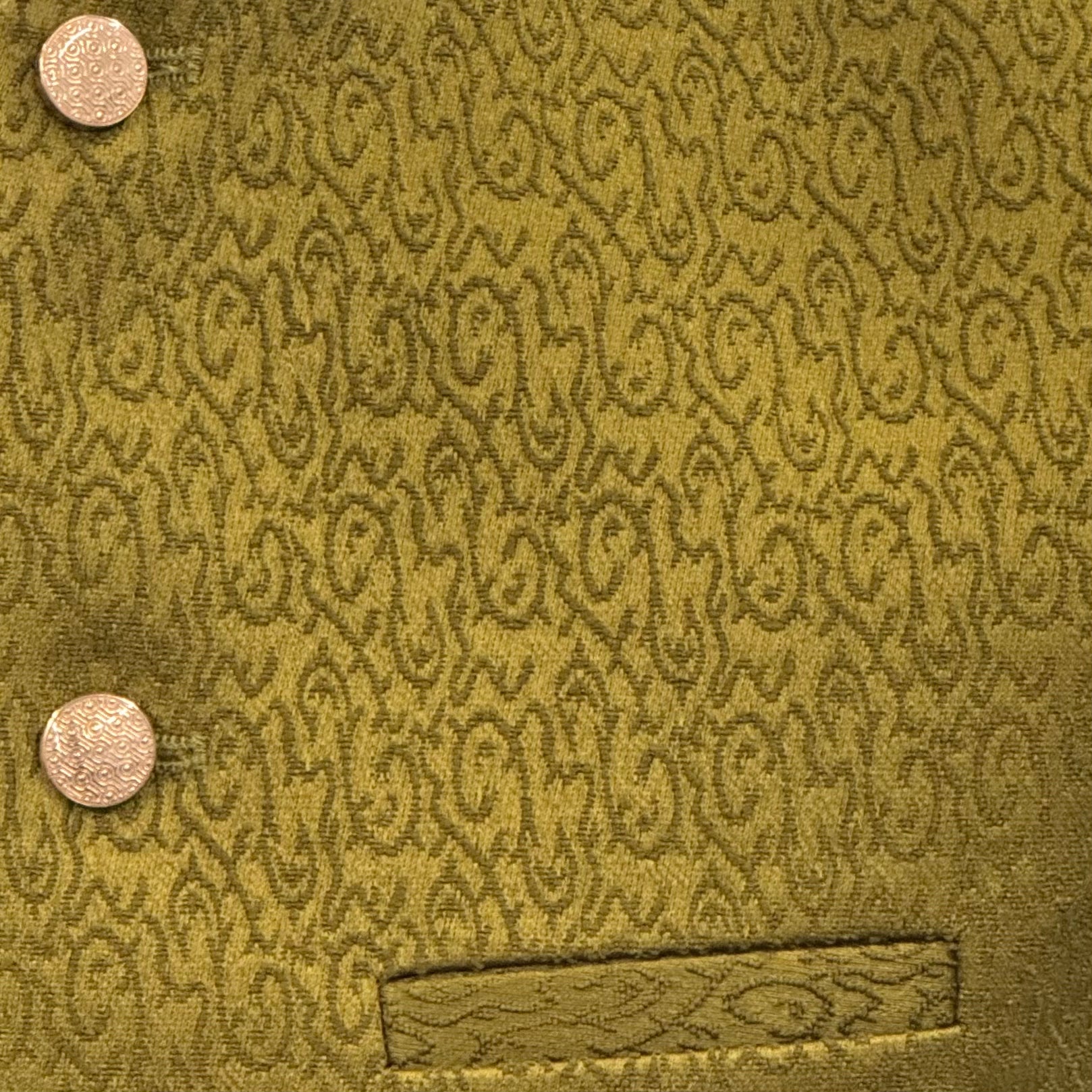 Men's Swirl Design Mehndi Green Jamawar Waistcoat Close Up