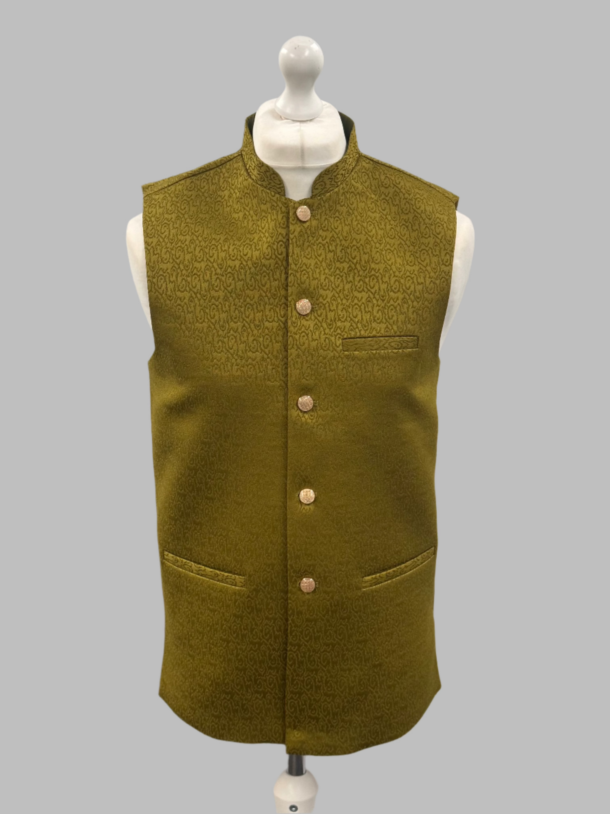 Men's Swirl Design Mehndi Green Jamawar Waistcoat Front View