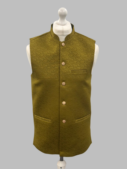Men's Swirl Design Mehndi Green Jamawar Waistcoat Front View