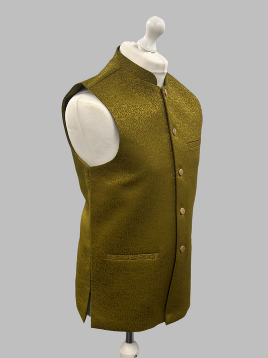 Men's Swirl Design Mehndi Green Jamawar Waistcoat Side View
