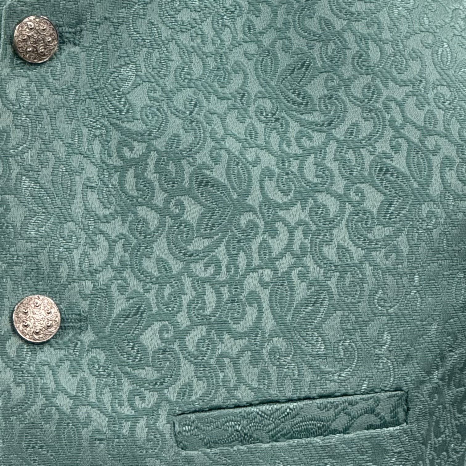 Men's Swirl Design Ocean Blue Jamawar Waistcoat Close Up