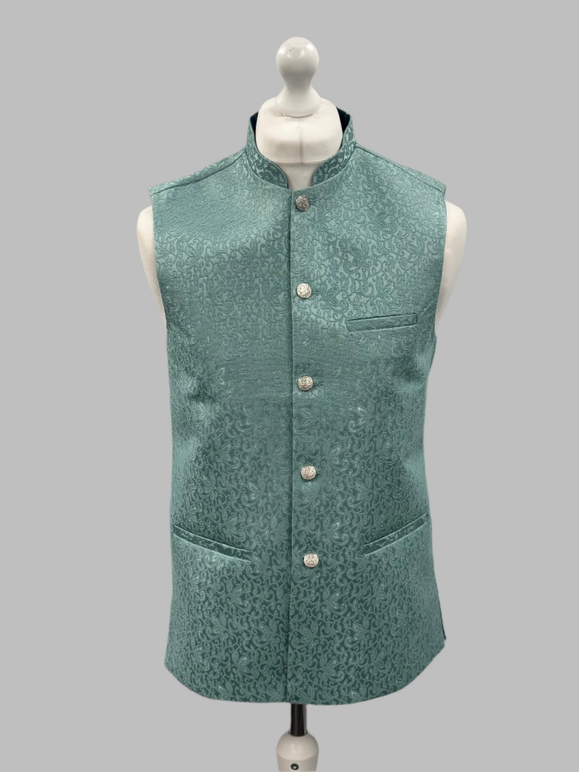 Men's Swirl Design Ocean Blue Jamawar Waistcoat Front View