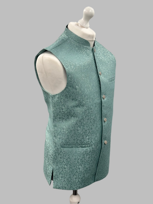 Men's Swirl Design Ocean Blue Jamawar Waistcoat Side View