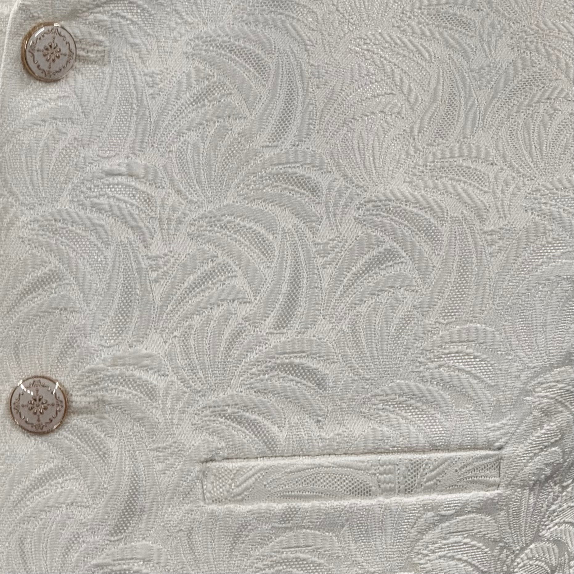 Men's Swirl Design Off White Jamawar Waistcoat Close Up