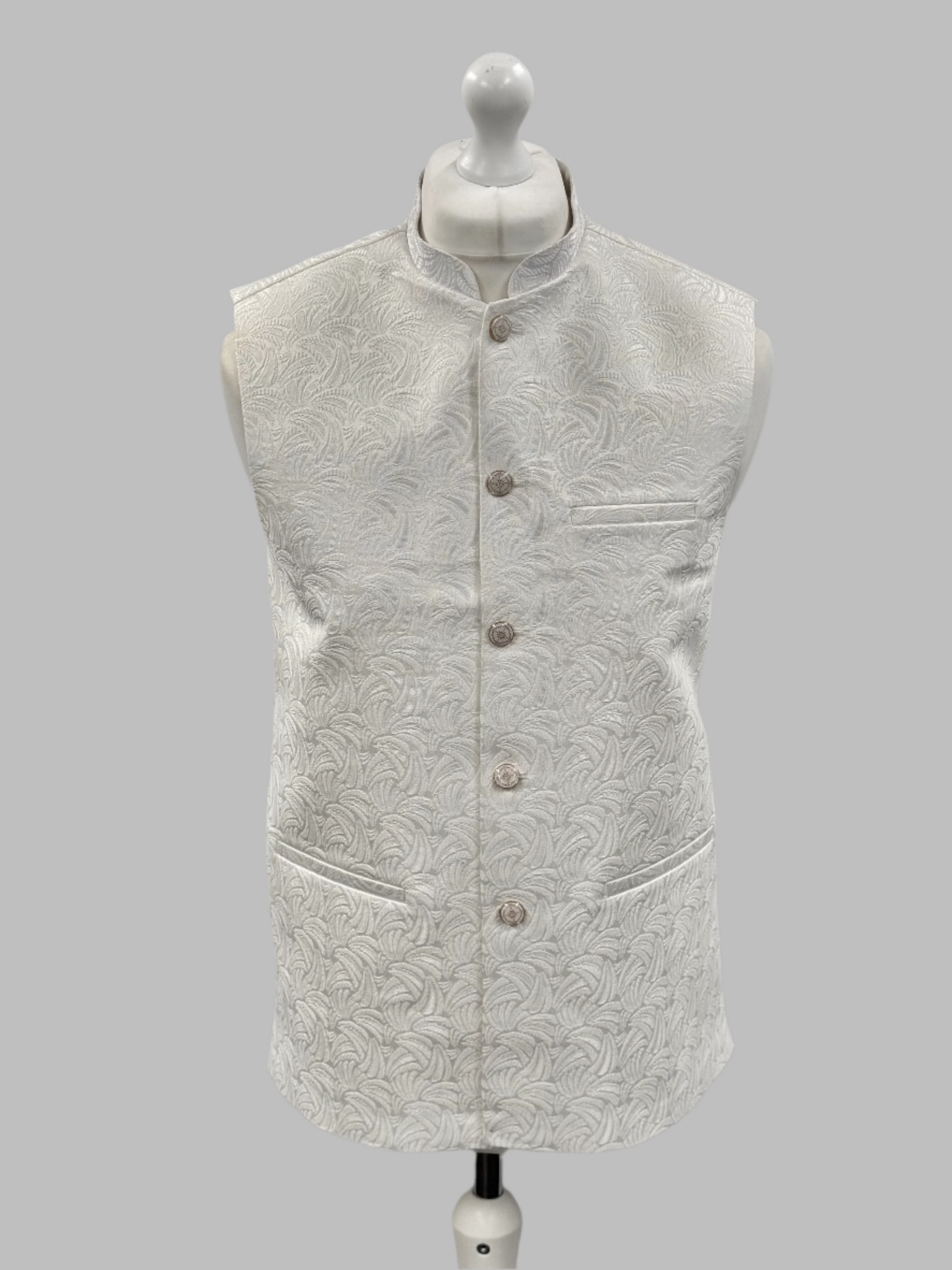 Men's Swirl Design Off White Jamawar Waistcoat Front View