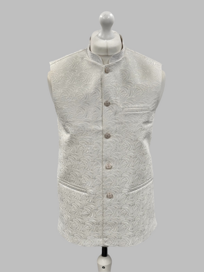 Men's Swirl Design Off White Jamawar Waistcoat Front View