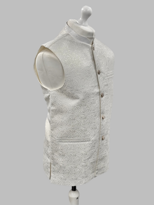 Men's Swirl Design Off White Jamawar Waistcoat Side View