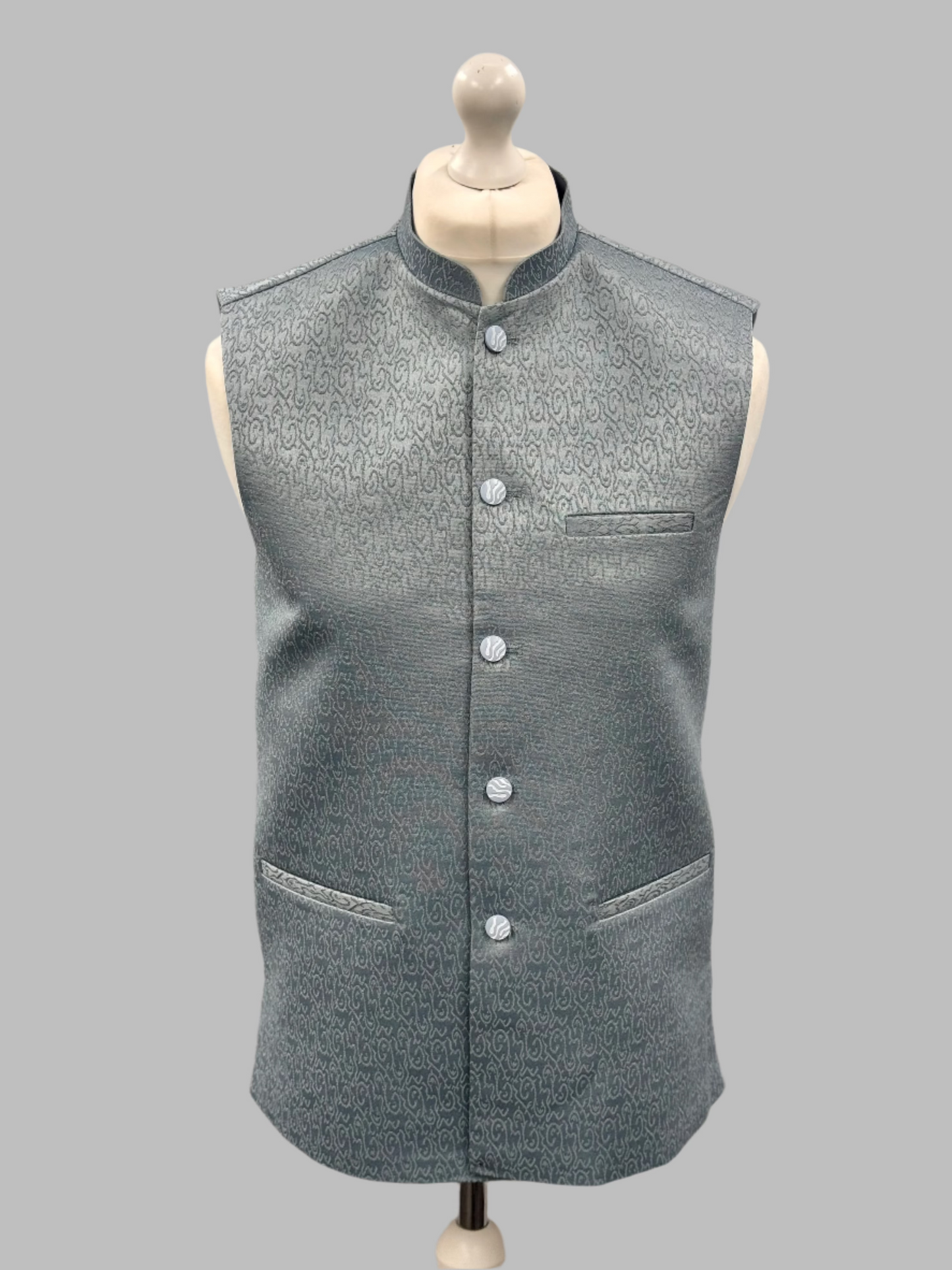 Men's Swirl Design Pastel Blue Jamawar Waistcoat Front View