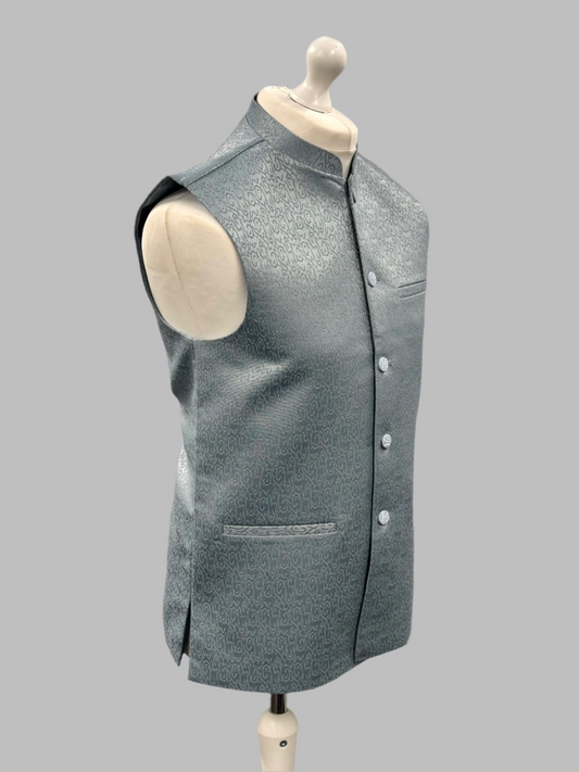 Men's Swirl Design Pastel Blue Jamawar Waistcoat Side View