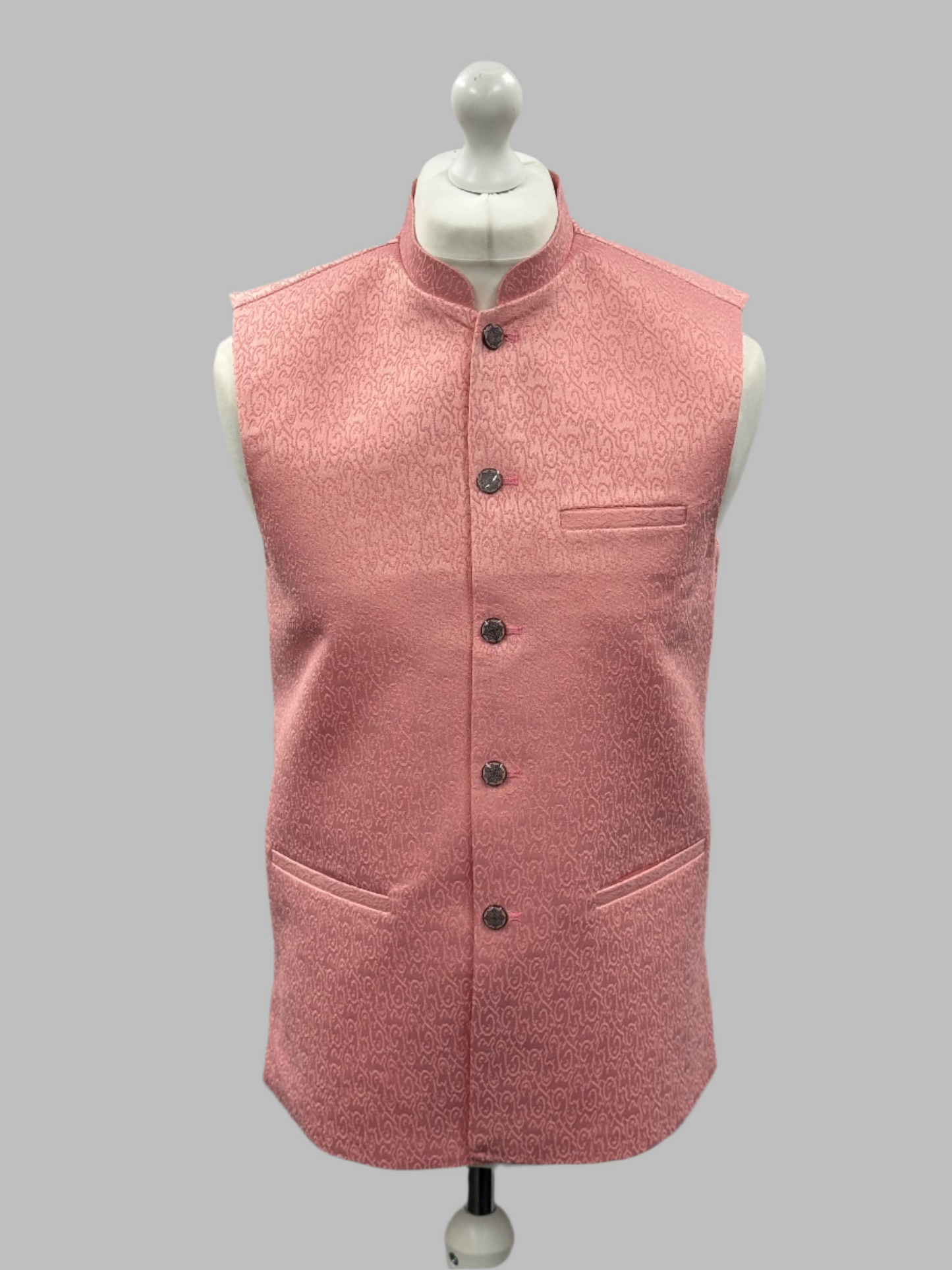 Men's Swirl Design Pastel Pink Jamawar Waistcoat Front View