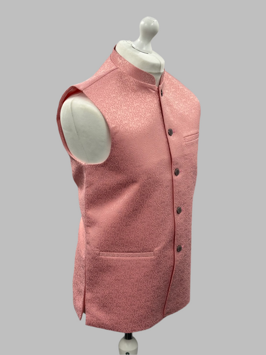 Men's Swirl Design Pastel Pink Jamawar Waistcoat Side View