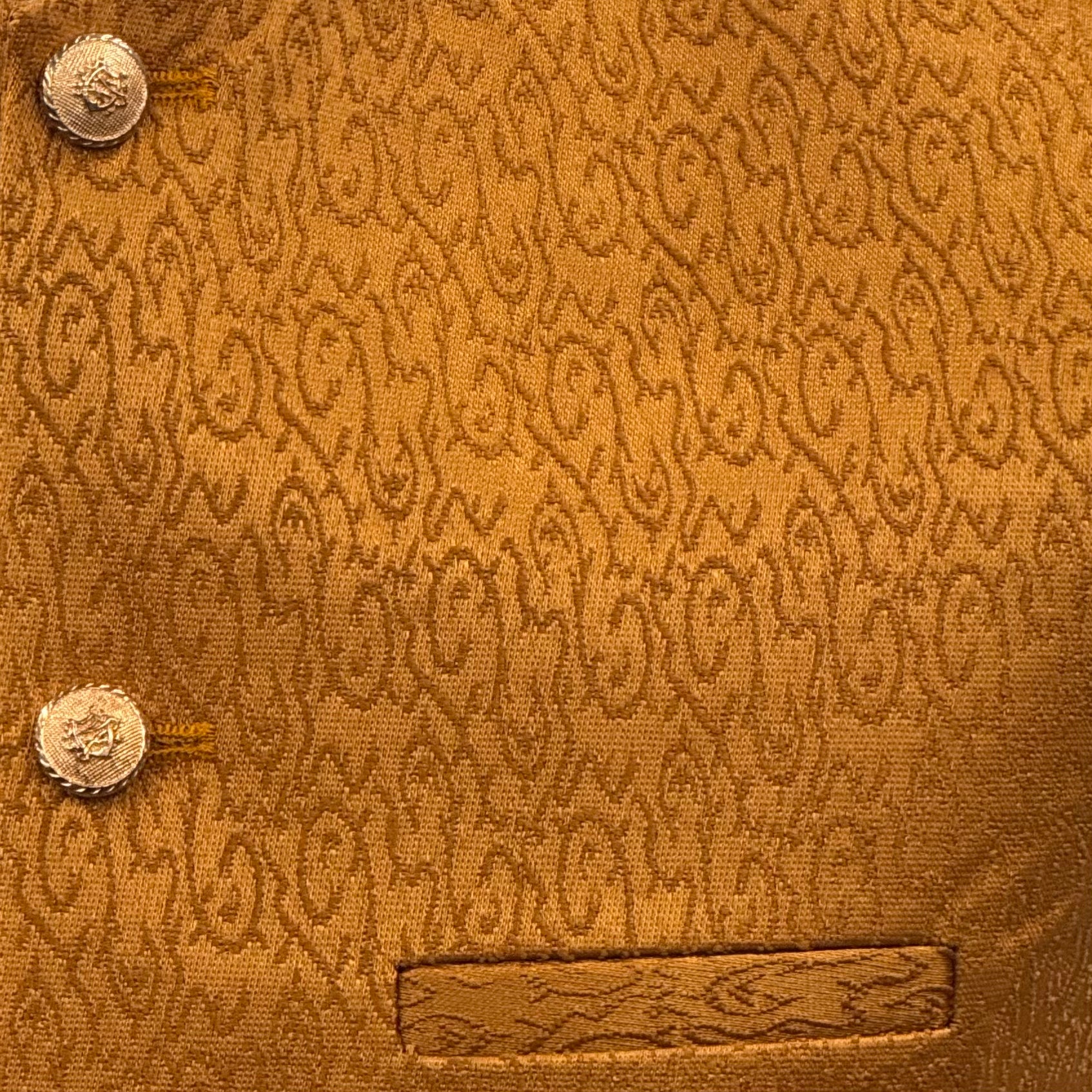 Men's Swirl Design Sunset Orange Jamawar Waistcoat Close Up