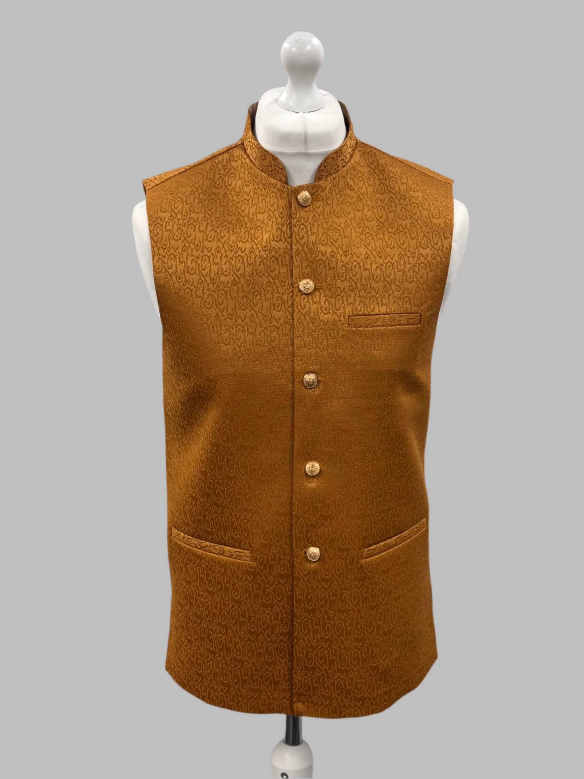Men's Swirl Design Sunset Orange Jamawar Waistcoat Front View
