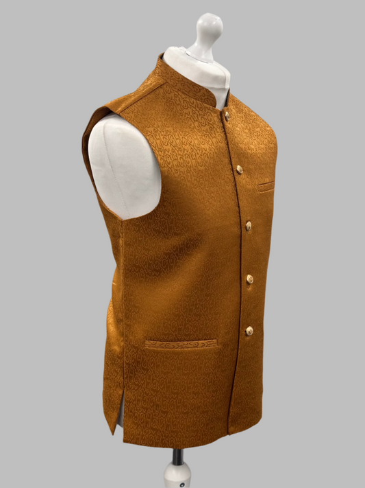 Men's Swirl Design Sunset Orange Jamawar Waistcoat Side View