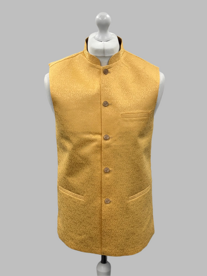 Men's Swirl Design Yellow Jamawar Waistcoat Front View