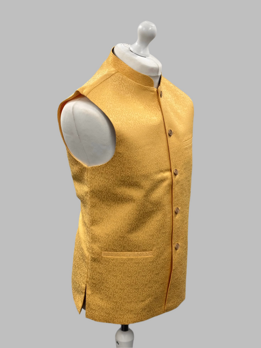 Men's Swirl Design Yellow Jamawar Waistcoat Side View