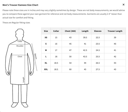 Men's Trouser Kameez Size Chart