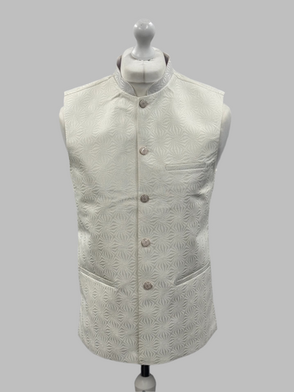 Men's ZigZag Design Off White Jamawar Waistcoat Front View