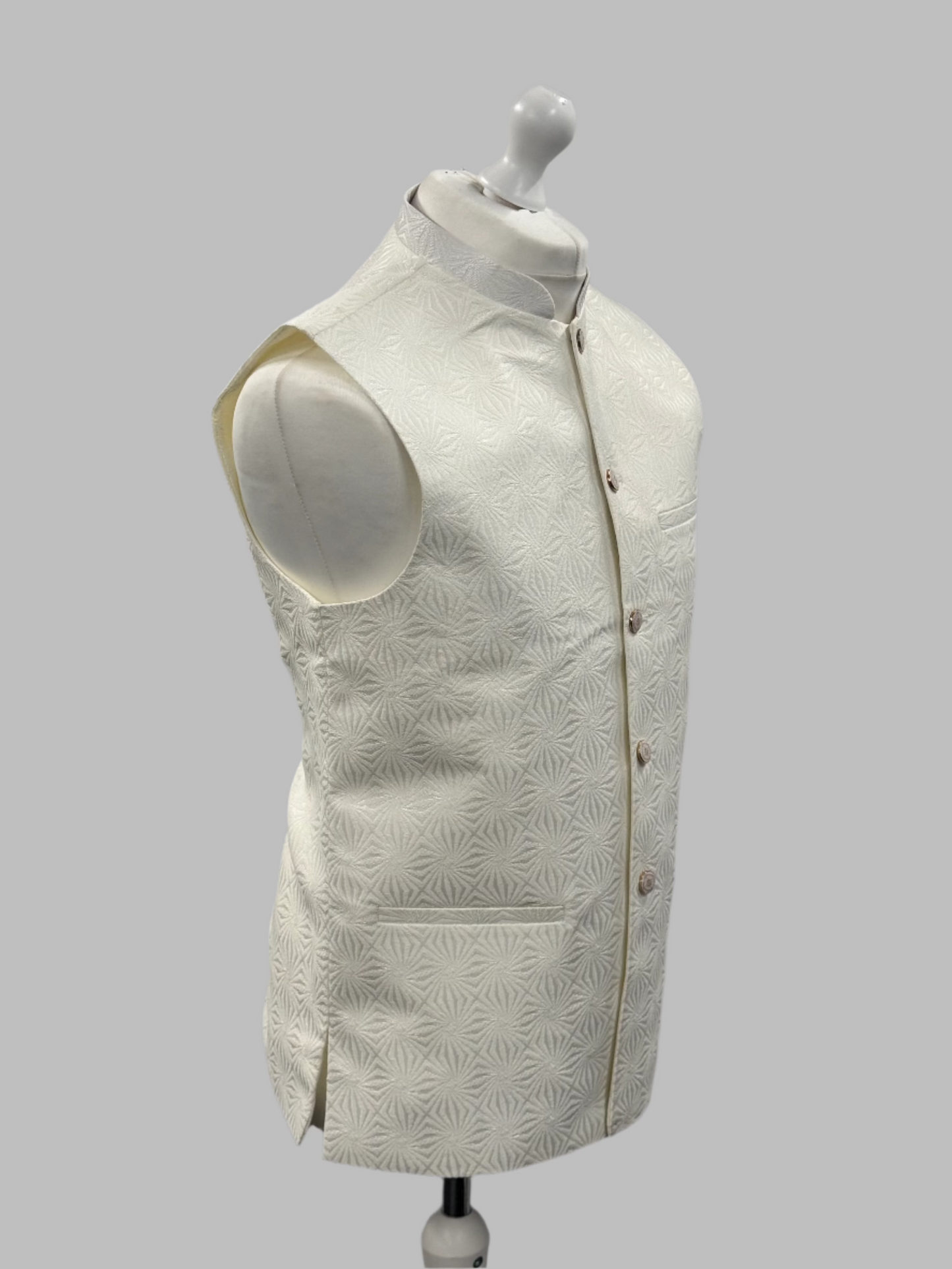 Men's ZigZag Design Off White Jamawar Waistcoat Side View