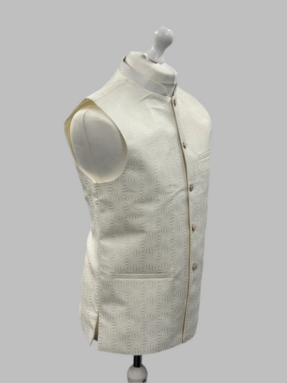 Men's ZigZag Design Off White Jamawar Waistcoat Side View