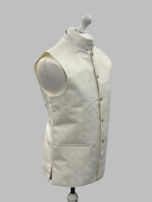 Men's ZigZag Design Off White Jamawar Waistcoat Side View