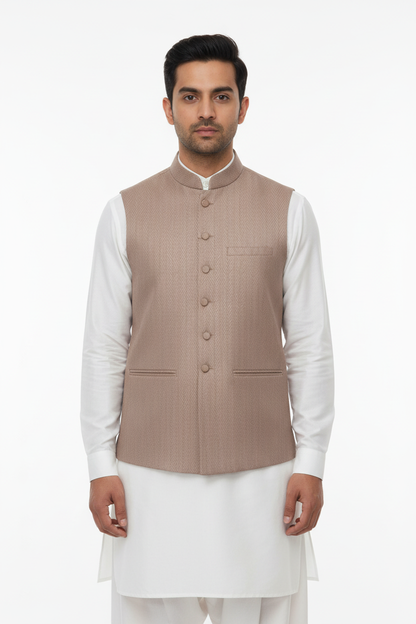 Mocha Herringbone Design Jamawar Waistcoat - Front Pose
