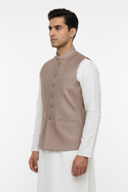 Mocha Herringbone Design Jamawar Waistcoat - Side Pose