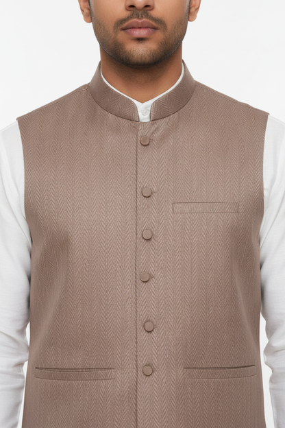 Mocha Herringbone Design Jamawar Waistcoat - Close-up