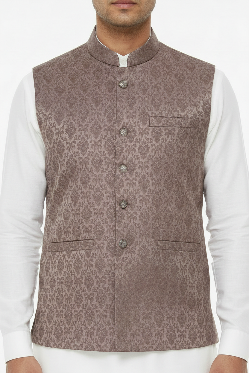 Mocha Royal Diamond Design Jamawar Waistcoat - Close Up