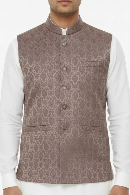 Mocha Royal Diamond Design Jamawar Waistcoat - Close Up