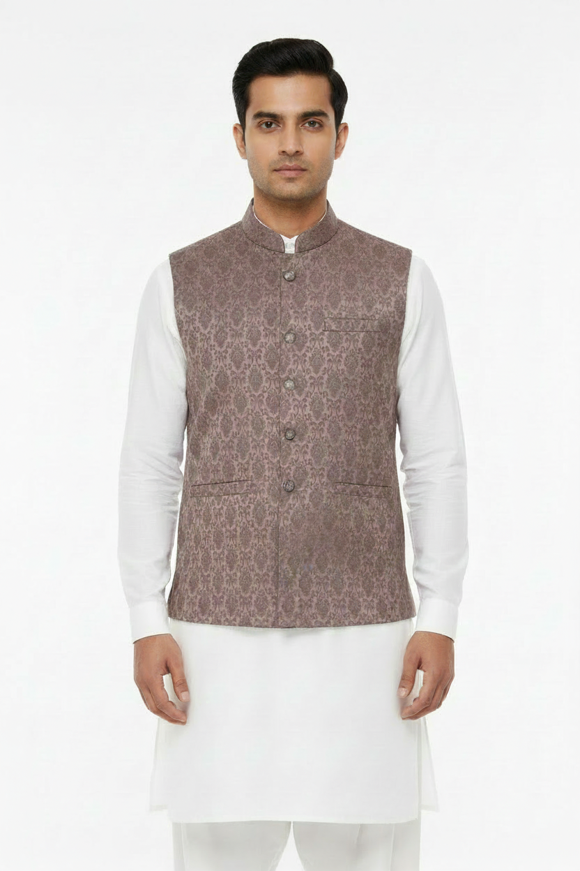 Mocha Royal Diamond Design Jamawar Waistcoat - Front Pose