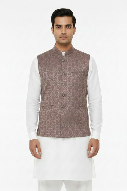 Mocha Royal Diamond Design Jamawar Waistcoat - Front Pose