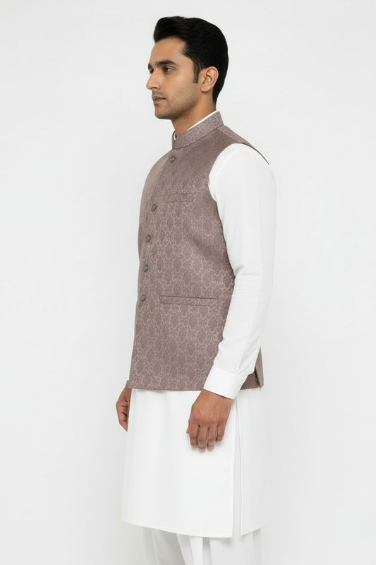 Mocha Royal Diamond Design Jamawar Waistcoat - Side Pose