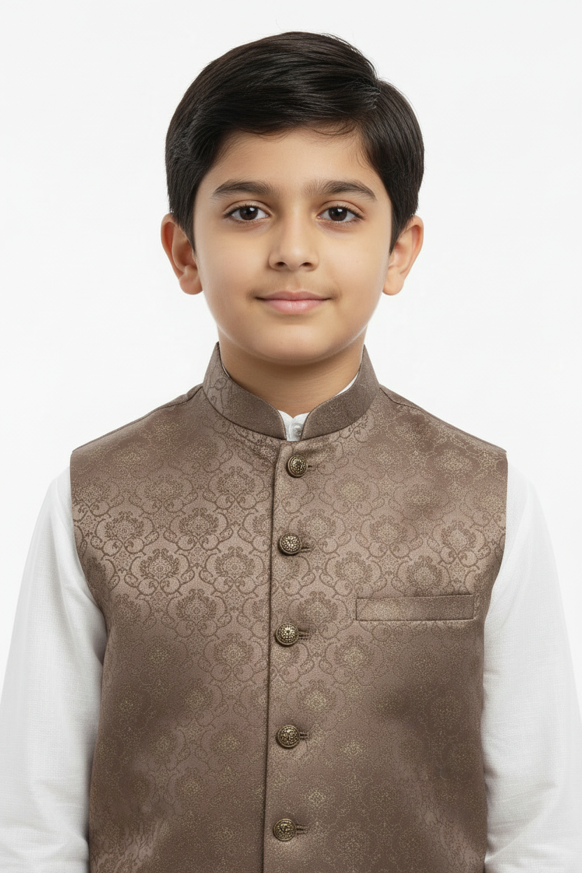 Mocha Royal design Jamawar Waistcoat Close Up