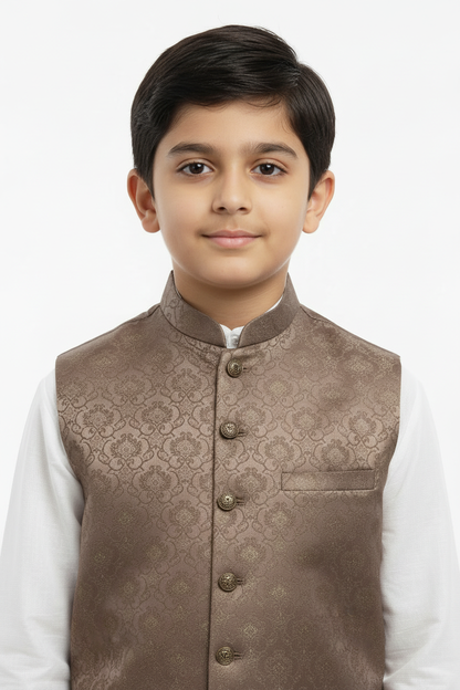 Mocha Royal design Jamawar Waistcoat Close Up