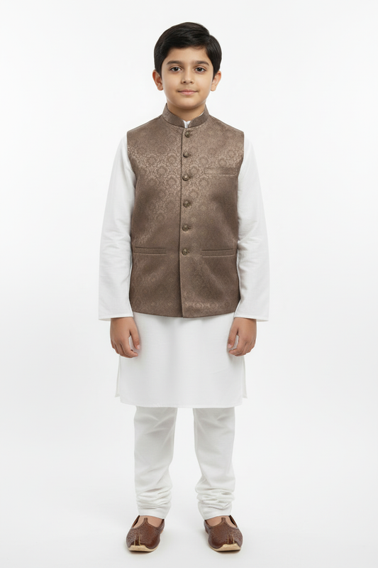 Mocha Royal design Jamawar Waistcoat Front pose