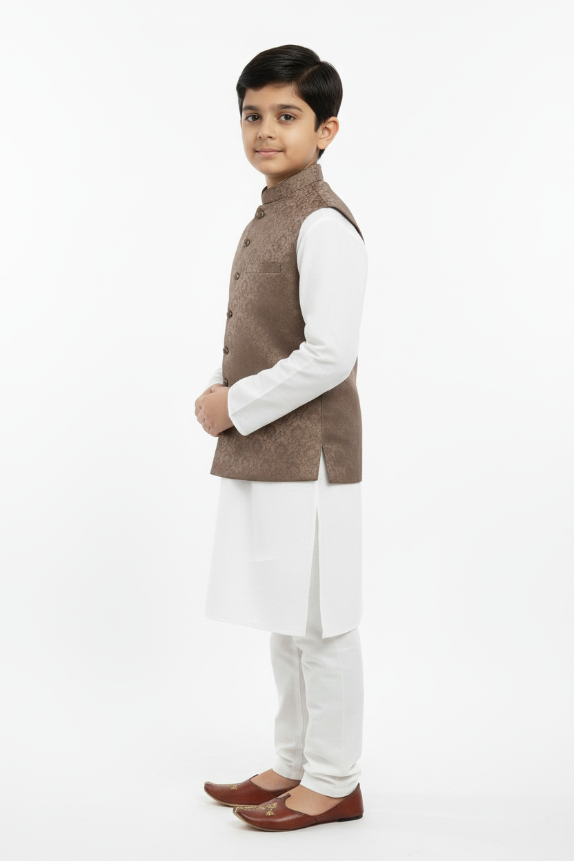 Mocha Royal design Jamawar Waistcoat Side pose