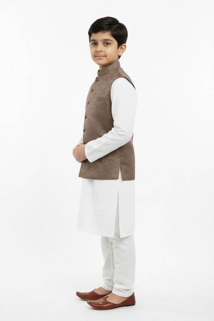 Mocha Royal design Jamawar Waistcoat Side pose