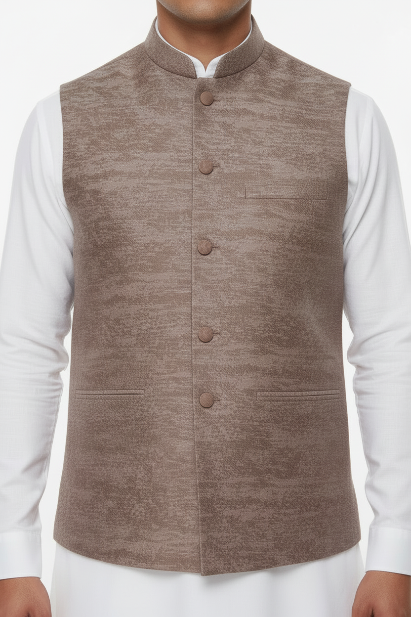 Mocha Stone Print Jamawar Waistcoat Close Up