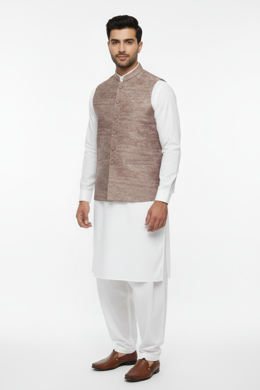 Mocha Stone Print Jamawar Waistcoat Front Pose