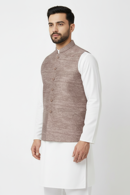 Mocha Stone Print Jamawar Waistcoat Side