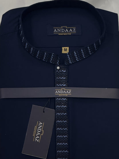 Men's Shalwar Kameez Navy with Zig Zag Placket Embroidery