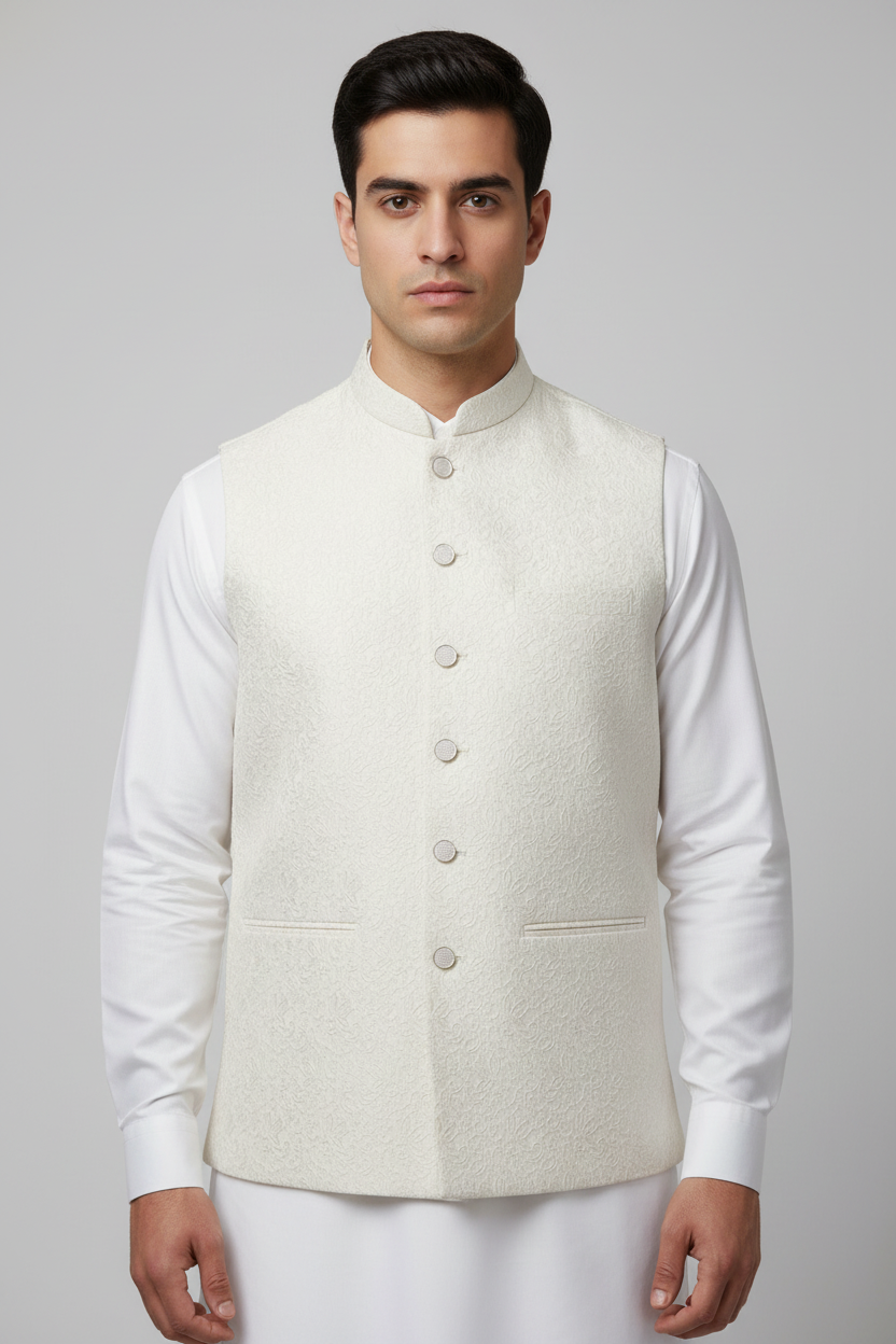 Off White Flower Design Jamawar Waistcoat Close Up