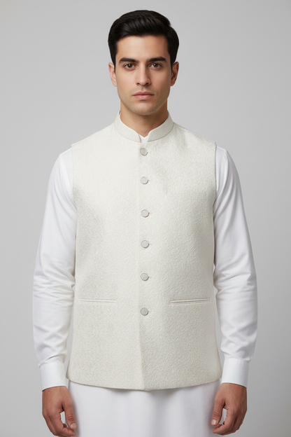 Off White Flower Design Jamawar Waistcoat Close Up