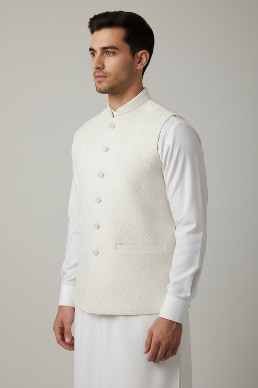 Off White Flower Design Jamawar Waistcoat Front