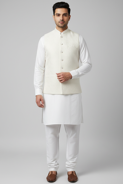 Off White Flower Design Jamawar Waistcoat Full